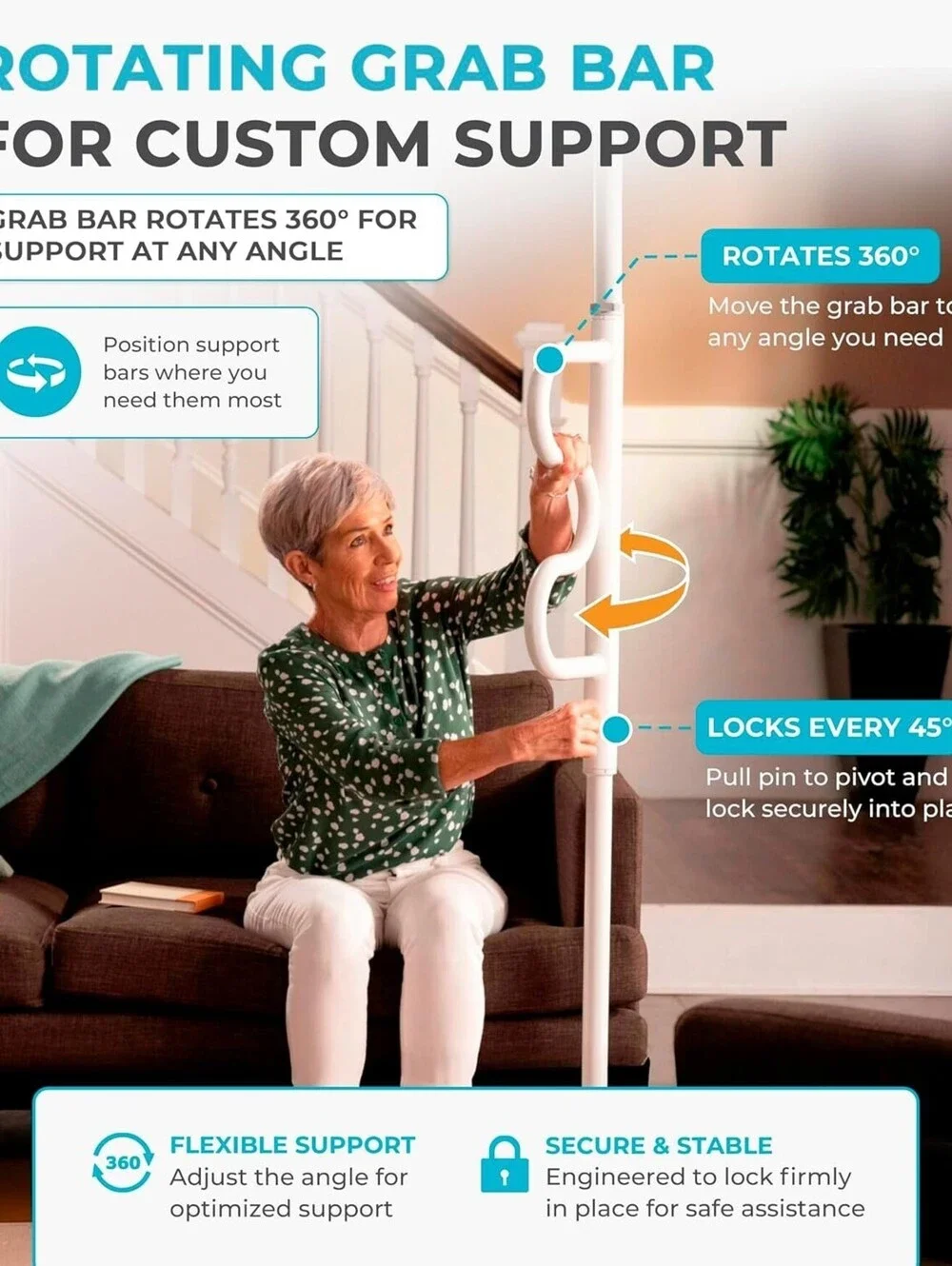 Stander Wonder Pole Plus with Rotating Double Grab Bar, White